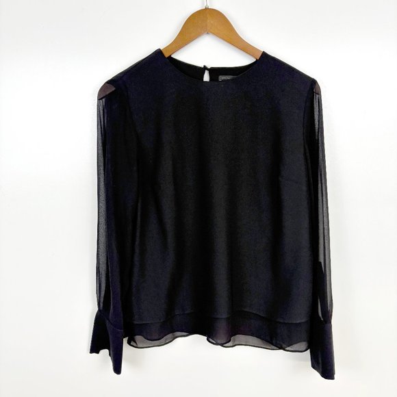 Ann Taylor Black Layered Blouse Sheer Sleeves in Small - Picture 2 of 9